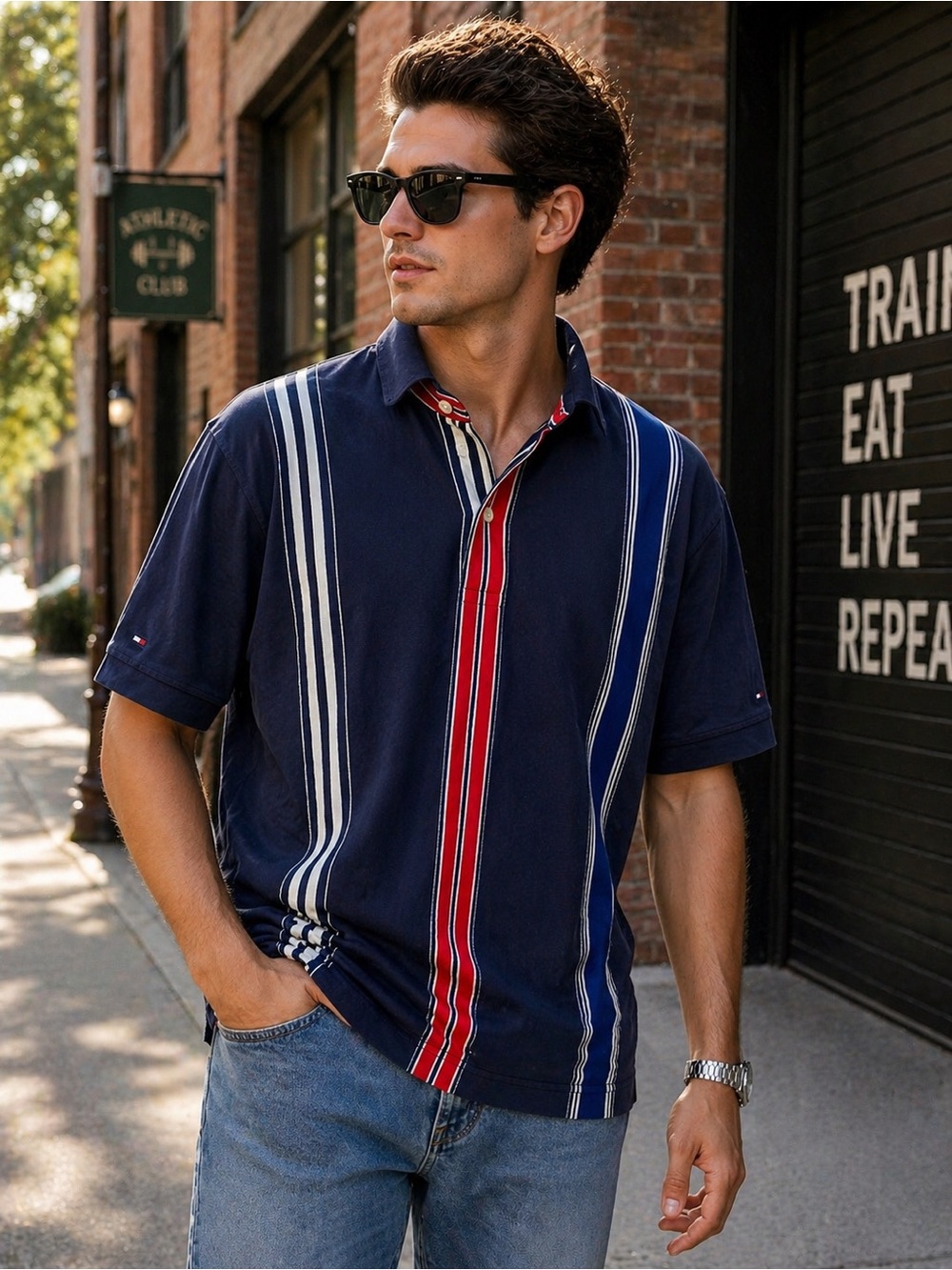 Tommy Hilfiger Vintage Stripe Polo Shirt Navy Red White | Size M